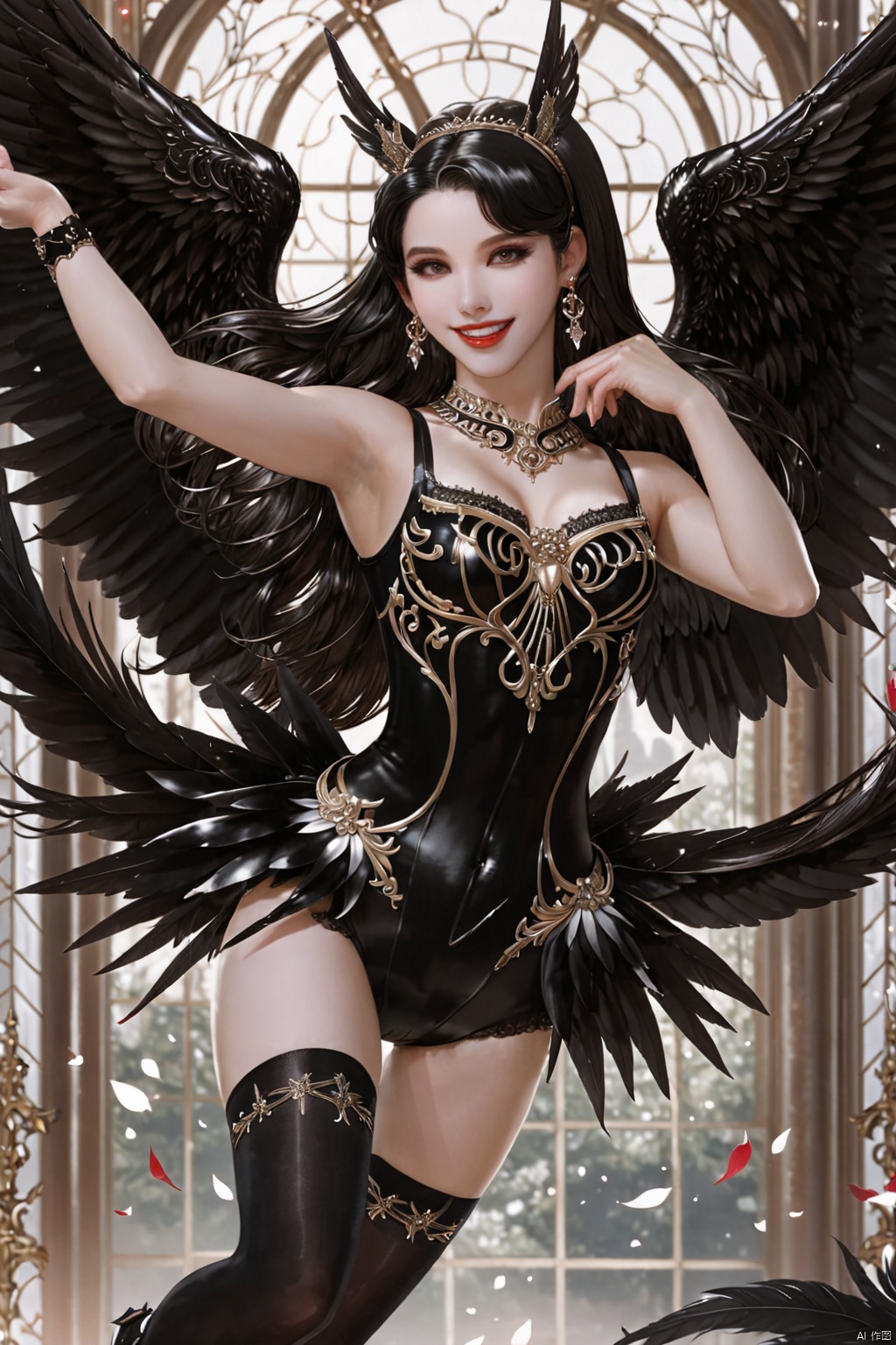 (best quality), ((masterpiece)), (highres), illustration, original, extremely detailed,1girl, solo, black hair, long hair, wings, thighhighs, black wings, armlet, jewelry, arms up, black thighhighs, armpits, looking at viewer, leotard, bracelet, very long hair, feathered wings, breasts, red lips, smile, earrings