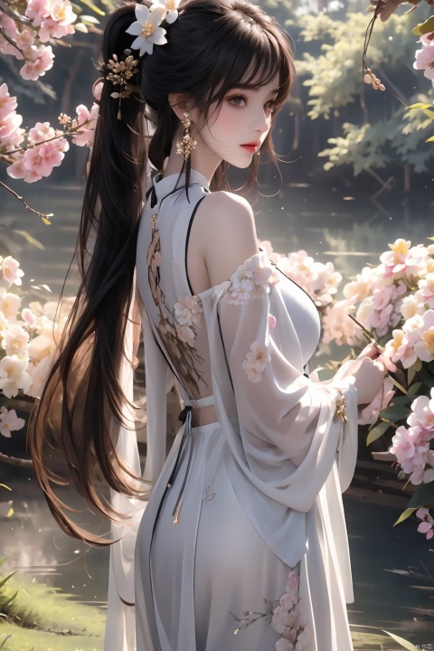  1girl, solo, long hair, breasts, looking at viewer, bangs, brown hair, black hair, hair ornament, long sleeves, dress, holding, bare shoulders, jewelry, closed mouth, ponytail, flower, earrings, detached sleeves, hair flower, white dress, from side, facial mark, chinese clothes, tassel, branch