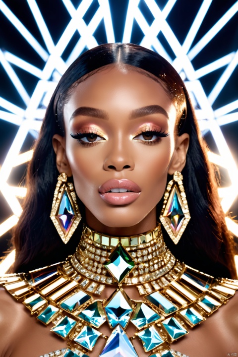  Winnie Harlow in high-fashion campaign for Balmain jewelry, glittercore long exposure beauty shot in gigantic mirror prism, hundreds of reflections. Utilize 50mm lens, full-frame camera with a depth of field set to 16f and shutter speed at 4 seconds, dynamic compositions and storytelling, ensuring the scene captivates with both fashion finesse and narrative intrigue