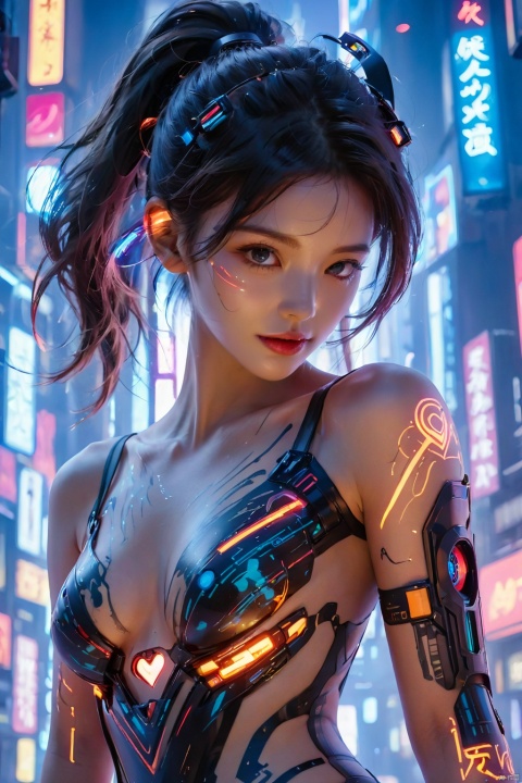  ((hands on breasts :1.9)), (long_hair, flowing hair), future technology, 1girl, dynamic pose, naked, (glowing_body_painting:3), (glowing tattoo, multi-line light on body, multi-light tattoo:3), in a cyberpunk-style mech, (glowing electronic screen), (electronic message flow: 1.3), holographic projection, (glowing electronic screen on heart: 3), glowing text on thigh, (girl pose: 1.2), glowing e-shoes, colored smoke, city blocks, cyberpunk city background, glow, neon, 1mechanical girl,((ultra realistic details)), waist photo, off shoulder, bare waist, bare legs, bare arms, portrait, detailed face,global illumination, shadows, octane render, 8k, ultra sharp,metal,intricate, ornaments detailed, cold colors, egypician detail, highly intricate details, realistic light, trending on cgsociety, glowing eyes, facing camera, neon details, machanical limbs,
,11, MAJICMIX STYLE, 1girl, Face Score,