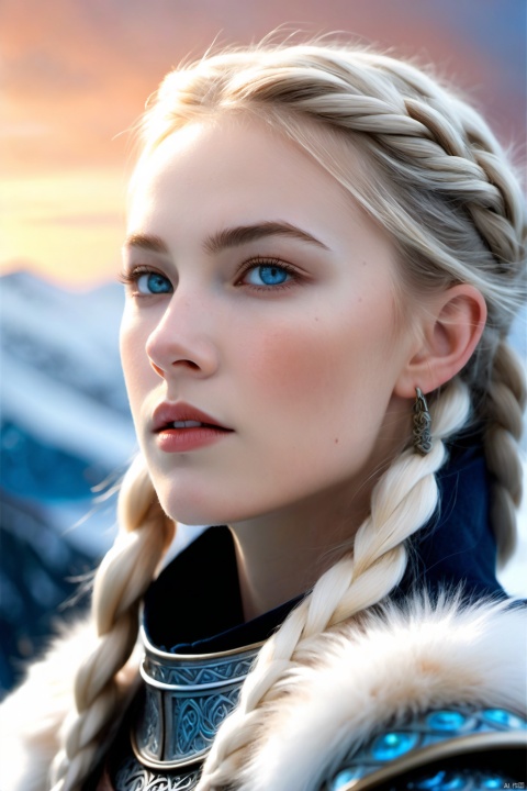  A fiercely proud Nordic girl stands, her presence exuding unwavering strength. Her blonde braids cascade down her back, framing a face marked by determination and resilience. This stunning portrait captures her piercing blue eyes, reflecting the icy landscapes of her homeland. The intricate details of her embroidered Viking armor and fur-lined cloak speak of her warrior spirit. This high-quality painting seamlessly combines power and grace, drawing the viewer into the captivating story of a fierce Nordic warrior princess. playful body manipulations, divine proportion, non-douche smile, gaze into the camera, holographic shimmer, whimsical lighting, enchanted ambiance, soft textures, imaginative artwork, ethereal glow, silent Luminescence, whispering Silent, iridescent Encounter, vibrant background, by Skyrn99, full body, (((rule of thirds))), high quality, high detail, high resolution, (bokeh:2), backlight, long exposure:2