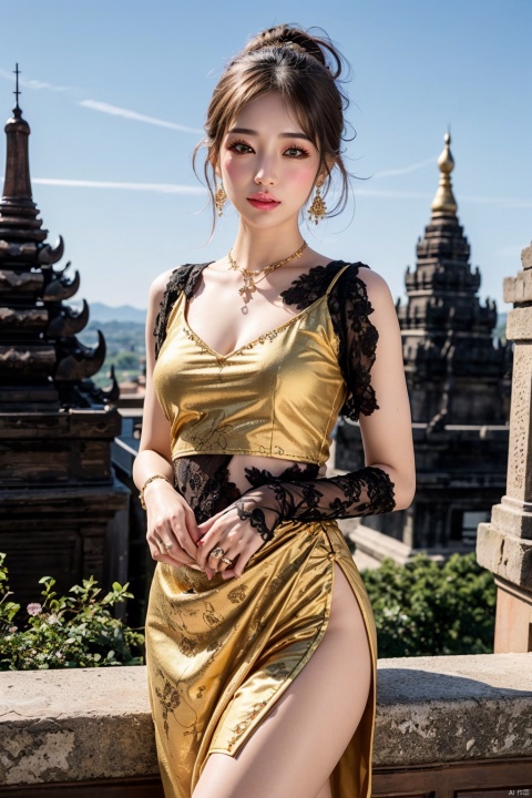 A beautiful young woman of Tai Khun descent, adorned in a meticulously crafted Keng Tong Tai Khun traditional outfit, stands gracefully against the backdrop of the majestic Bagan temples. Her attire shimmers with intricate embroidery and gold accents, each element carefully chosen to reflect the rich cultural heritage of her people.

Details:

Facial features: The woman's face is radiant and youthful, with delicate features and captivating eyes that sparkle with warmth and intelligence. Her hair is styled in a messy bun adorned with fresh flowers and secured with a gold pin, adding a touch of elegance and whimsy.
Traditional outfit: The Keng Tong Tai Khun outfit is a top tank style masterpiece of craftsmanship, featuring vibrant silks, intricate embroidery, and delicate gold embellishments. The long, flowing skirt cascades gracefully around her legs, while the fitted bodice accentuates her slender figure. A traditional headdress adds a regal touch to her ensemble.
Accessories: The woman's beauty is further enhanced by a dazzling array of traditional jewelry. Bangle bracelets encircle her wrists, a statement necklace adorns her neck, and delicate earrings dangle from her ears. Each piece is intricately crafted and adds a touch of luxury to her overall look.
Bagan temples background: The ancient Bagan temples provide a breathtaking backdrop for the portrait. Their weathered brickwork and towering spires add a touch of grandeur and mystery to the scene. The warm hues of the sunrise or sunset bathe the temples in a golden glow, creating a truly magical atmosphere.