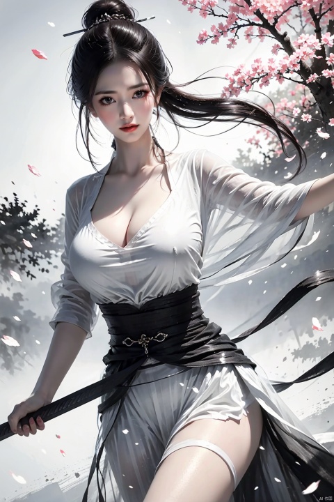  Best Quality, masterpiece, 1 girl,White dress, body, petals falling, cherry blossom background, big breasts, Light master, Ink scattering_Chinese style, smwuxia Chinese text blood weapon:sw,yjmonochrome, guofeng