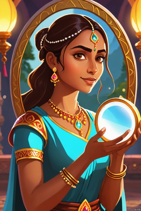  Main Character:a kind and courageous young woman.Magic Item:A glowing mirror that allows Rani to travel to different worlds.