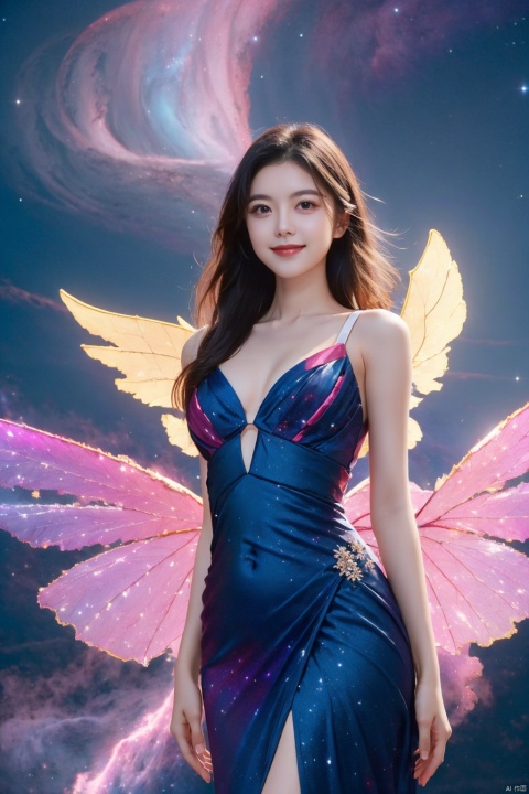  (Good structure), DSLR Quality,Depth of field,kind smile,looking_at_viewer,Dynamic pose, 1girl, wings, solo, nebula wings, breasts, , long hair, navel, dress, pink wings, looking at viewer, star \(sky\), , , bare shoulders, sky, starry sky, collarbone, realistic, nebula, ((poakl)), jinmai