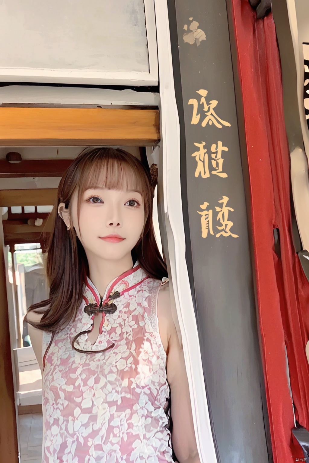  (2_girls::1.6),twins,kind smile, (masterpiece::1.2), ((best quality::1.2), ((very cute::1.2),(realistic::1.2),(summer::1.2),beautiful detailed eyes,Chinese pavilion,Look at Camera,disheveled hair,look up,print cheongsam,wangyushan, 1girl