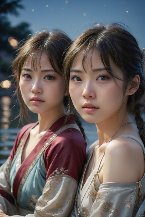  ((Ultra Long Exposure Photography)) high quality, highly detailed, a stunningly photorealistic closeup photo of two Chinese beautiful girls,babyfaced,open shoulders, intricate detailed eyes,dynamic pose,l,where two mysterious girls sit by the edge of a pond, capturing a romantic atmosphere under the starry sky.