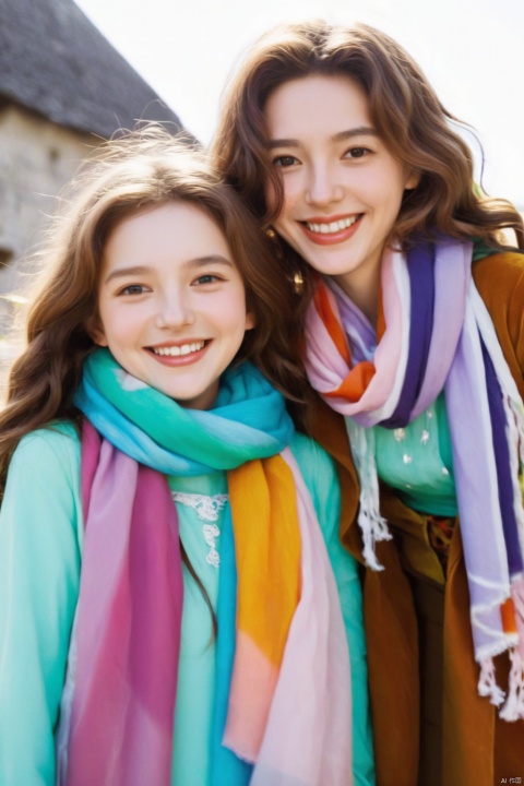 2girls, curious, fearless, smiling, wavy brown hair, dressed in colorful clothes and a magical scarf, next to the old fairy queen