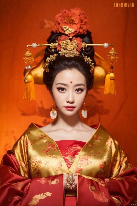  ((huadian)),High detail RAW color front portrait of a stunning beautiful chinese Tang dynasty queen,close-up,cool and seductive,dignified and majestic,serious,(((gold))) dress with embroidery,(east_dragon_embroidery),chinese_emperor_costume,{{hands_invisible,coverd_hand by long sleeves:1.3}},((updo,arms_down,looking_at_viewer:1.4)),large high hairbun,flower_hair_ornament
,(palace interior,chinese traditional),candles,candlestick,simple_background,traditional media,pavilion,chinese_architecture,((upper_body,closed_mouth)),((solo_focus:1.3)),((Her low-tied_updo with jewelry_accessories)),pendant,((very_long_pearl_string_hanging_from_tiara,gold_earrings)),tiara,intricated hair_ornament,red lips,ancient,((embroidery,intricated details:1.2)),((32k,RAW photo,best quality, masterpiece:1.2)),(photorealistic,Realistic:1.37),cinematic dark lighting,film still,atmosphere,(ultra-detailed_face,ultra-detailed_eyes),long eyelashes,ultra-detailed skin and clothes,forehead,headwear,Her divine attire is resplendent with jewels,{{forehead_mark:1.1}}, ((detailed forehead_mark)),huadian, Light master,chinese dress,((Hanfu)),updo,chang,floral print, jjw,white dress,hanfu,print dress,robe,gold dress,beautiful volumetric-lighting-style atmosphere, fanbing