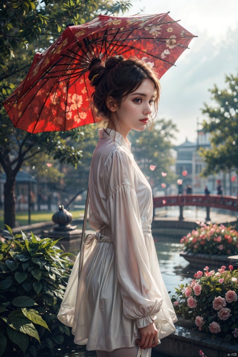  1girl, solo, black hair, hair ornament, long sleeves, dress, holding, closed mouth, upper body, flower, hair flower, hair bun, from side, umbrella, chinese clothes, holding umbrella, branch, meiren-red lips, guoflinke, backlight, white pantyhose