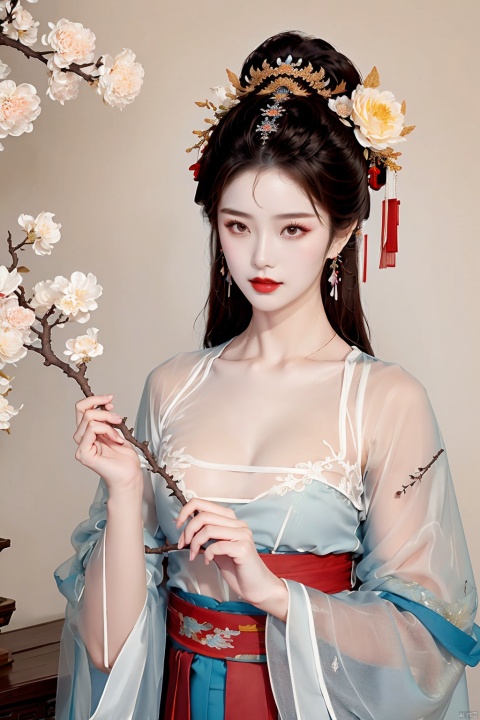 gufeng02,1girl,solo,flower,jewelry,hair ornament,earrings,chinese clothes,holding,branch,red lips,hair flower,brown hair,dress,hanfu,white flower,looking at viewer,upper body,long sleeves,wide sleeves,holding flower,indoors,bare shoulders,makeup,see-through,collarbone,breasts,brown eyes,sash,blue dress,shawl, masterpiece, best quality,NSFW,spitroast,see-through control,see through