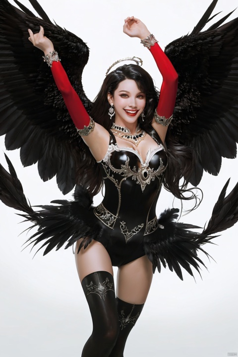  (best quality), ((masterpiece)), (highres), illustration, original, extremely detailed,1girl, solo, black hair, long hair, wings, thighhighs, black wings, armlet, jewelry, arms up, black thighhighs, armpits, looking at viewer, leotard, bracelet, very long hair, feathered wings, breasts, red lips, smile, earrings