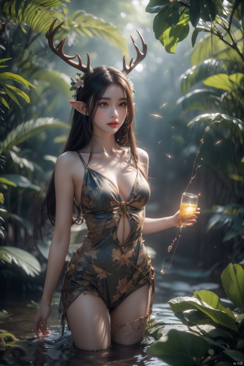  (best illustration), (best shadow), glowing elf with a glowing deer, drinking water in the pool, natural elements in forest theme. Mysterious forest, beautiful forest, nature, surrounded by flowers, delicate leaves and branches surrounded by fireflies (natural elements), (jungle theme), (leaves), (branches), (fireflies), (particle effects) and other 3D, Octane rendering, ray tracing, super detailed ,deer