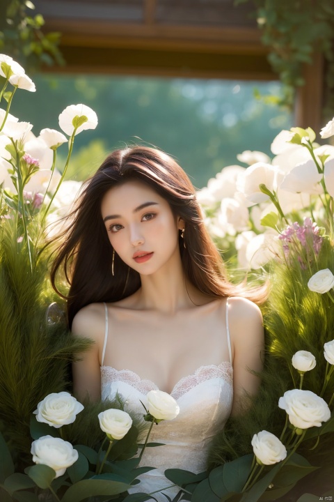  1girl, long hair, flower, Lisianthus, dreamy and romantic compositions, red, ethereal foliage, playful arrangements, fantasy, high contrast, abstract, whole body capture,