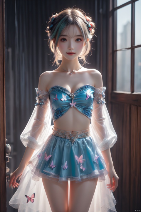  1girl, uruha_rushia, solo, hair_bun, double_bun, dress, virtual_youtuber, butterfly_print, butterfly, blue_dress, bug, animal_print, short_dress, green_hair, detached_sleeves, open_mouth, blue_butterfly, looking_at_viewer, blush, frilled_dress, smile, wide_sleeves, short_hair, hair_ornament, frills, red_eyes, skull_hair_ornament, bangs, from_below, glowing_butterfly, long_sleeves, multicolored_hair, blue_hair, breasts, cowboy_shot, thighs, blue_sleeves, brooch, gradient_hair, strapless, cleavage_cutout, small_breasts, flat_chest, Gauze Skirt, hologram girl