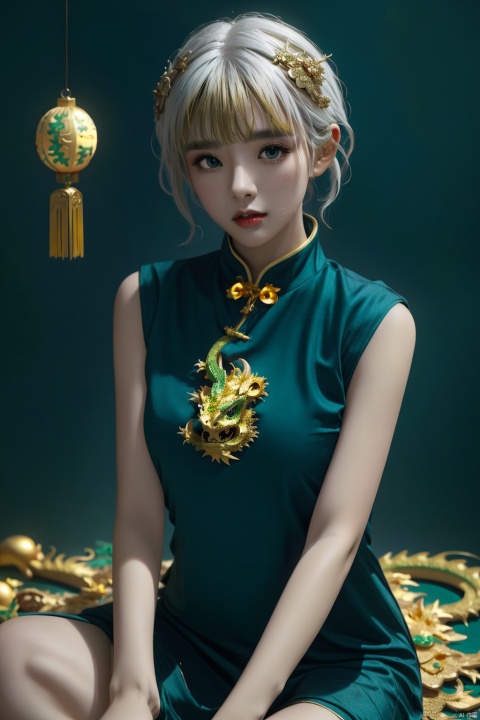  nai3,1girl,white hair,blue eyes,hair flowers,chinese clothes, eastern dragon,chinese new year,lantern, chinese new year,(((EMERALD's gilt dragon as background))), dragon, street