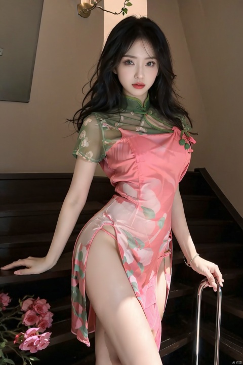  (masterpiece, best quality:1.4),finely detailed,1girl,solo,pale skin,perfect body,(giganticbreasts:1.3),standing,china dress,chinese clothes,dress,pink dress,see-through,underwear,