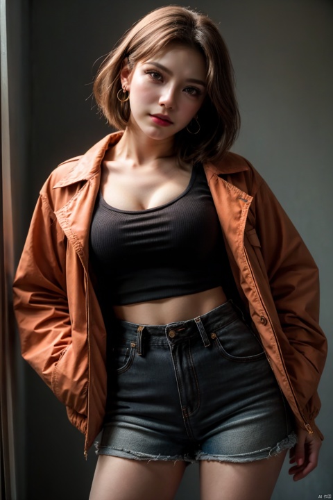  fashion photography portrait of 1girl, Utility jacket, high-waisted shorts, ankle boots, solo, [:(detailed face:1.2):0.2], midriff peek, medium breasts, breasts,jewelry,earrings, very short hair, upper body, grey eyes, looking at viewer,black hair,(head tilt:1.2), lips, slightly smile, red background, simple background, orange_sky, 4k, high-res, masterpiece, best quality, ((Hasselblad photography)), finely detailed skin, sharp focus, (cinematic lighting), soft lighting, dynamic angle