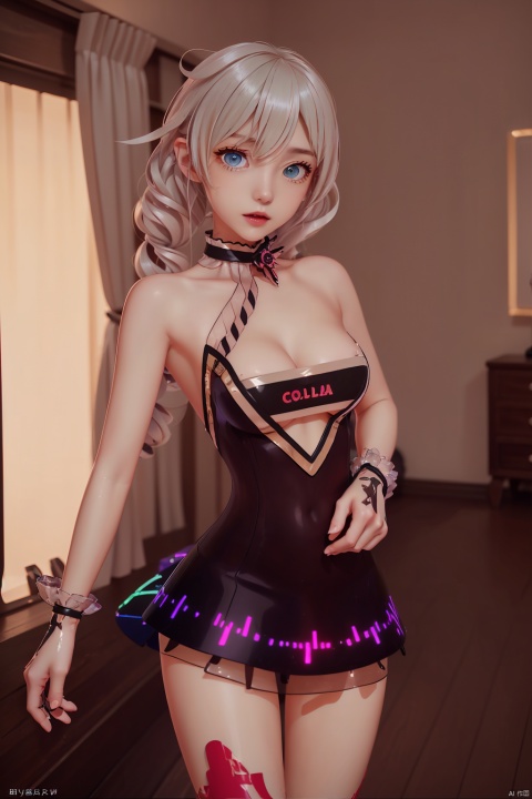  moyou,1girl,looking at viewer,sexy pose,(cowboy shot),(masterpiece, high quality, best quality),(colorful),(delicate eyes and face),volumatic light,ray tracing,extremely detailed CG unity 8k wallpaper,solo,hotel rooms,Electronic_dance_skirt,((text "COLA" on chest)dress:1.2),bare shoulders,gloves,thighhighs, Electronic dancedress胸带电子舞裙, BY MOONCRYPTOWOW