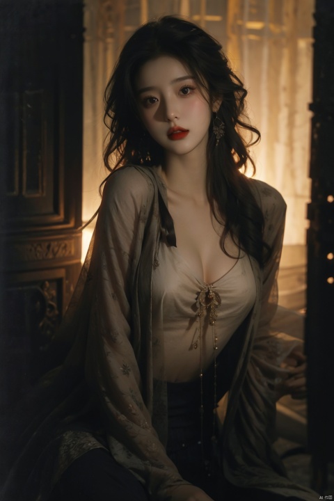  1girl,curly hair,in the dark,deep shadow,Exposing one's chest,Large chest,looking_at_viewer,vest,