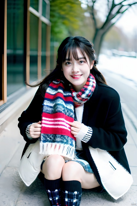  1girl, solo, long hair, looking at viewer, close_up, blush, smile, bangs, blue eyes, skirt, shirt, long sleeves, holding, hair between eyes, sitting, very long hair, jacket, full body, white shirt, braid, pleated skirt, outdoors, open clothes, shoes, day, socks, scarf, grin, sweater, open jacket, tree, blue skirt, plaid, kneehighs, plaid skirt, wariza, brown footwear, stuffed toy, white jacket, cardigan, stuffed animal, black socks, loafers, snow, red scarf, snowing, winter, fringe trim, plaid scarf