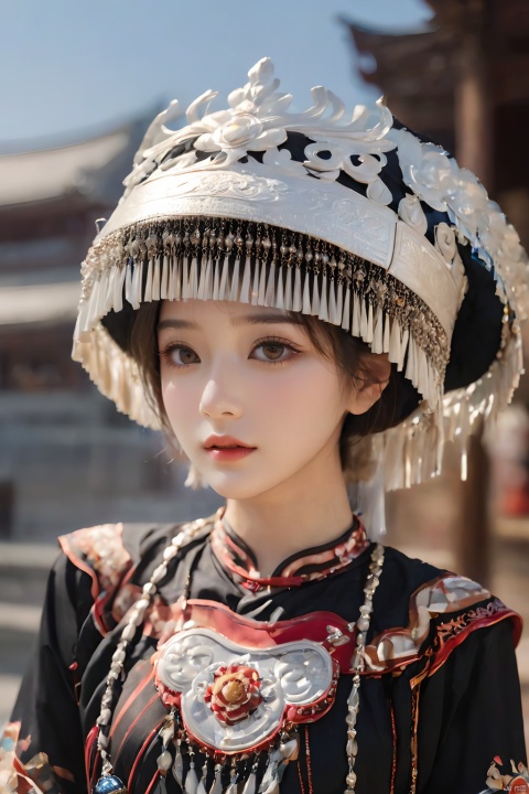  1girl,Chinese Yi ethnic clothing,Silver metal headwear, bangs, blunt bangs, blurry, blurry background, blurry foreground, brown eyes, depth of field,Yi ethnic metal jewelry,A huge metal hat,Headwear metal tassels,Silver metal hat, jewelry, lips, long sleeves, looking at viewer, outdoors, own hands together, photo \(medium\), photo background, short hair, solo, standing, 1girl