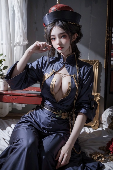  High quality, masterpiece, 1 girl, jiangshi, qing_ Guanmao, no bra,breast curtains,china dress