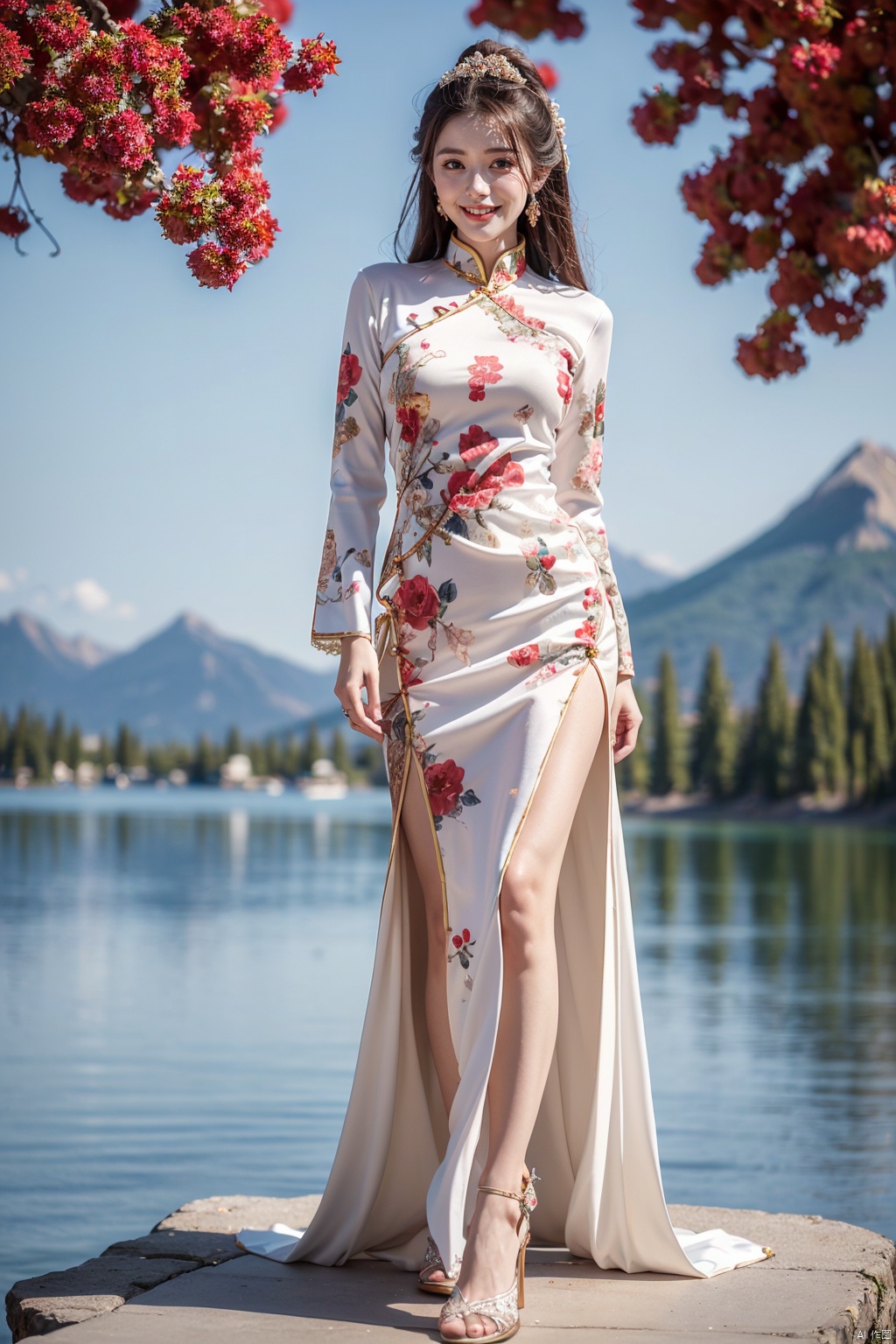  (Best quality, masterpiece, details), full body, 1 girl, beautiful face, wearing traditional Chinese clothing, white,side slit lace dress, plump figure, smile, complex clothing, floral background, details, highly detailed, full of hidden details, real skin,(mountain), (lake), an epic scene, red maple tree,