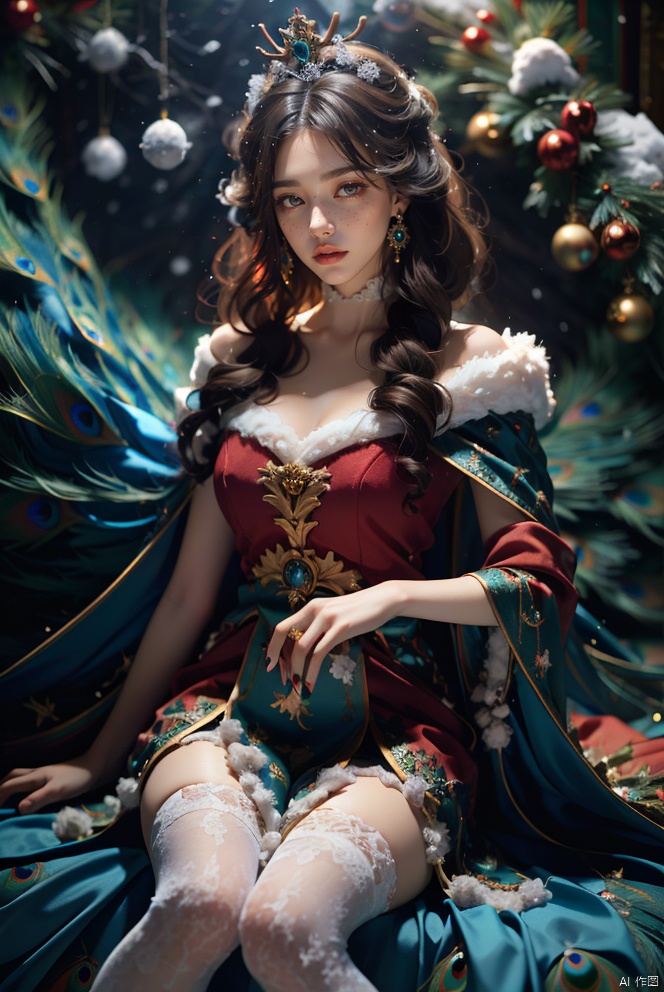  (best quality)(masterpiece) , Peacock Girl, (Solo) , (Snow: 1.5) , (snow forest background) , -Christmastmas red velvet shawl, velvet antler tiara) , photography style, soft focus, blonde hair, freckles, detailed lightiChristmastmas photChristmastTreetrChristmastmas presenChristmastmas stockings, white lace knee socks, warm light, tiara, 1