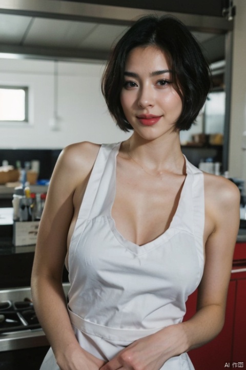  (masterpiece:1.3), photorealistic, best quality), (1girl), beautiful face, (realistic face), (black hair, short hair:1.3), beautiful hairstyle, realistic eyes, beautiful detailed eyes, (realistic skin), beautiful skin, attractive, ultra high res, ultra realistic, highly detailed, golden ratio, (Naked apron:1.3),from half back,kitchin,smile,(hip:1.2),holding fry pan,open chest,huge breasts,show chest,big nipples