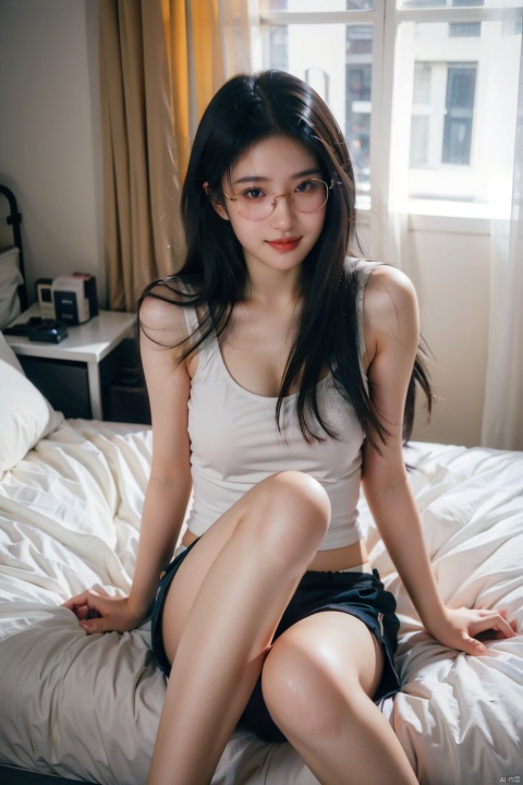  iphone photo young college woman, long tousled brunette hair, no makeup, beautiful smile, lying on her bed in her messy dorm room, wearing glasses, tank top, shorts . large depth of field, deep depth of field, highly detailed