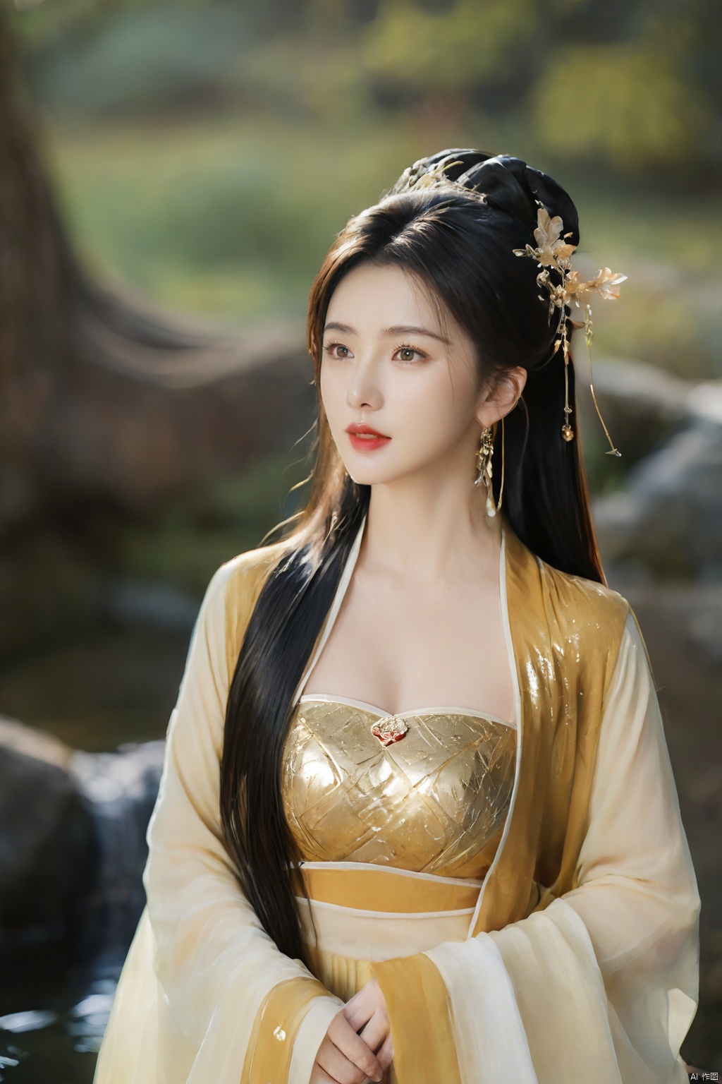  1girl,****_female,looking at viewer,standing,black,gold,gold hairpin,face focus,Redlips,((upper_body:0.9)),full breasts, (medium breasts:1.2),long hair,eyes,Colored pupil,earrings,jewelry,earrings,jewelry,(perfect face), shiny skin, 
dress, hanfu, 
forest,water, wet, 
masterpiece, best quality,depth of field, cinematic composition, best lighting,light master,RAW photo, dslr, film grain, Fujifilm XT3, night shot, light master,daxiushan,daxiushan style,hanfu, g001