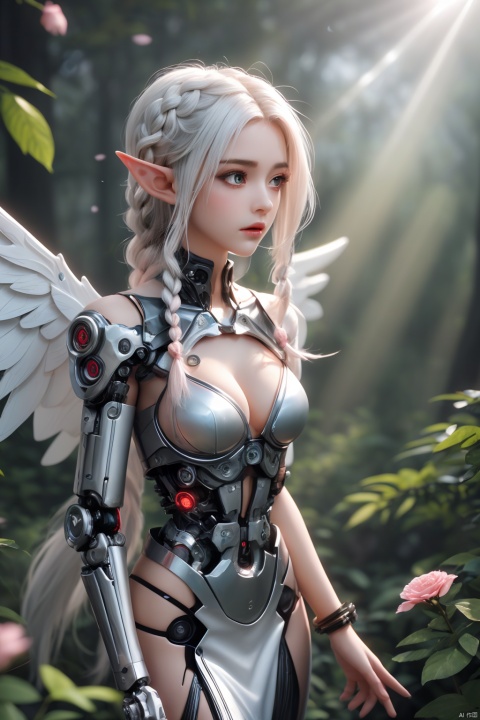  (masterpiece, best quality, high quality, highres, ultra-detailed),1 sweet girl,(side braid:1.1),long hair,((white hair)),leaf hair ornament,(pointy ears),elf,green eyes,pale skin,bare shoulders,(medium breasts),(cleavage:1.1),jewelry,white long dress,(detached sleeves:1.1),bracelet,(looking away:1.2),(in forest:1.3),(pink flowers:1.1),(falling petals:1.1),(lens flare from right:1.2),(god rays from right:1.2),Fantasy,cyberpunk,Semi mechanical girl,cyborg,(mechanical wings:1.2),