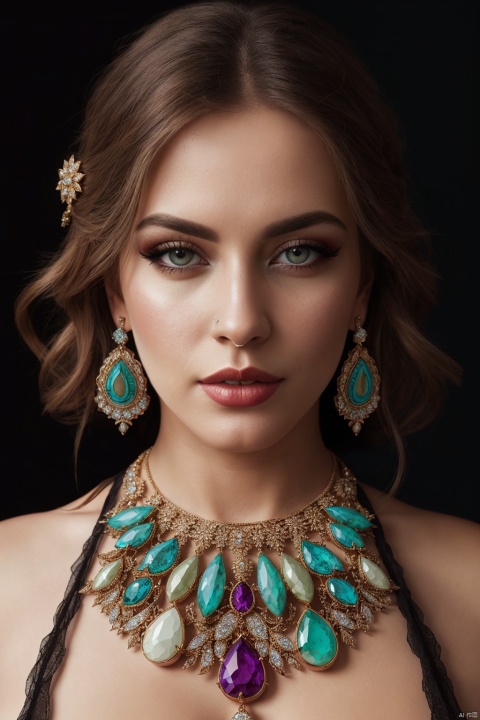 Hyperrealistic portrait of a beautiful woman wearing intricately detailed colorful clothing and futuristic jewellery.
