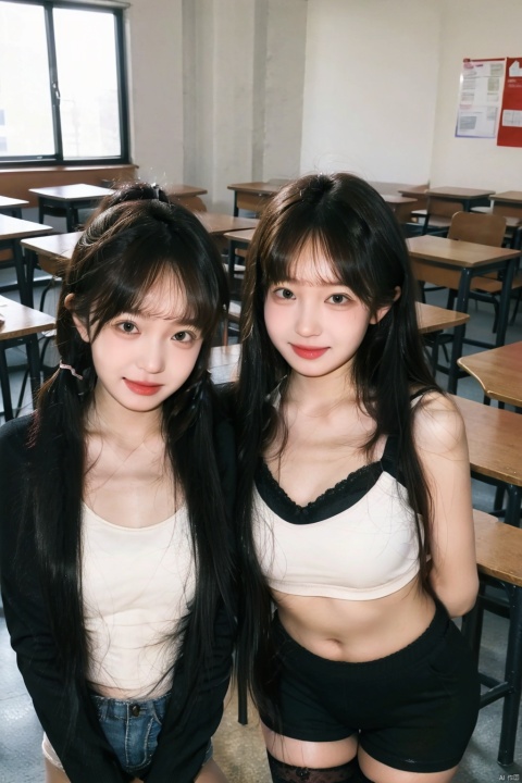  3 girls,fourteen years old,dot-print thigh highs, twin tails,full body,smiling,dot print bras,huge breasts,in the classroom,multiple students