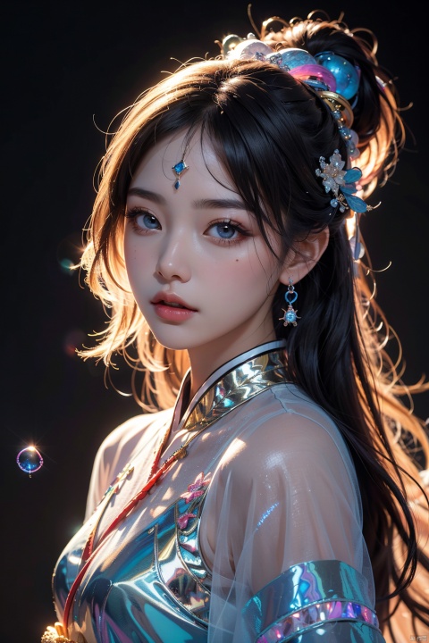  official art,beautiful and aesthetic,1girl,long hair,beautiful face,detailed eyes,colorful,jewelry,night,(realistic:1.5),extreme detailed,(fractal art:1.3),witch, Light master, (\meng ze\),bubble, yue , hair ornament , hanfu, hologram girl
