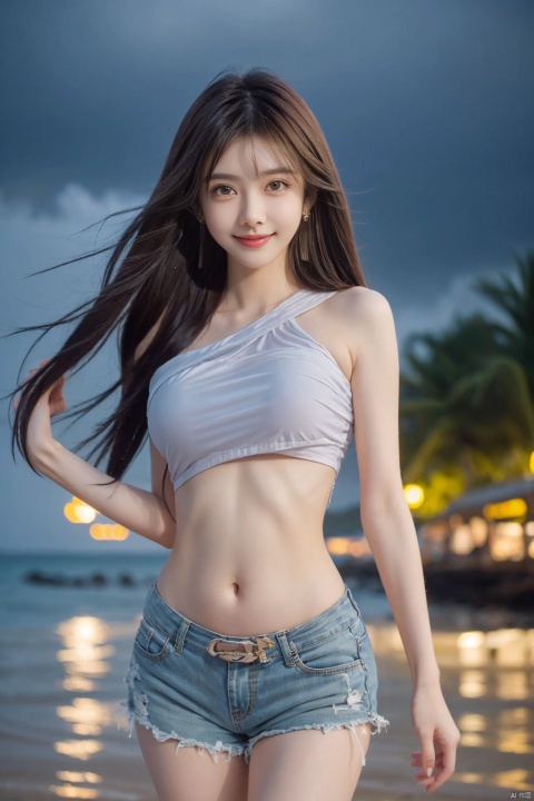  best quality, masterpiece, cowboy_shot,(Good structure), DSLR Quality,Depth of field,kind smile,looking_at_viewer,Dynamic pose,
 1girl, ,armpits, navel, shorts, thighs, earrings, rainy night, beach, lighting, blurred background, Hourglass body shape, dofas, Girl, wangyushan