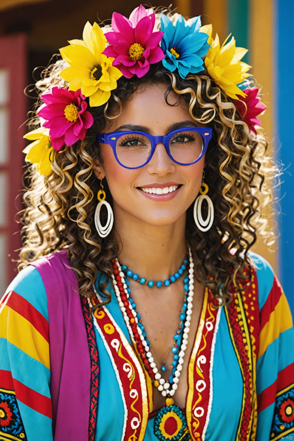  Diana, the Bahian woman, is a brunette with curly hair featuring blonde highlights at the tips. She wears glasses, has a slightly fuller figure, and dresses in colorful attire reminiscent of a gypsy outfit, reflecting her vibrant personality