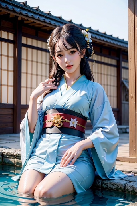  master piece, best quality, realistic, photorealistic, ultra highres, shiny skin, 1girl, (((wear kimono))), solo, (long hair) , zydG , brown hair, eyelash, cute girl, kawaii, cute, cute face, pretty face, thick hair, young, make up, powder blusher, (beautiful big eyes:1.2), eye make up, double eyelid, tear bag, supermodel, sky, tree, outdoors, water, steam, pond, east asian architecture, day, architecture, blue sky, house, building, onsen, cherry blossoms, rock, (snow, white theme), wqmy, partially submerged , BY MOONCRYPTOWOW, WQMY