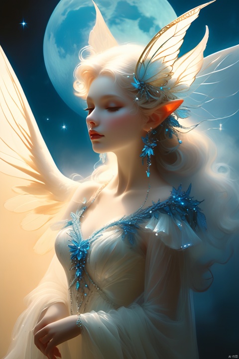 A conceptual masterpiece by Boris Vallejo, featuring a (((lunar fae))) intricately adorned with a (((macramé hairstyle))), composed of stars, moons, and stardust. The fae's ethereal wings are semi-transparent, with a softly glowing aura encircling them. The fae's outfit is a breathtaking mix of pearls and glowing gemstones, set against a (twilight backdrop) with a (beautiful backlight illuminating the figure). A swirling halo of smoky mist completes this (otherworldly scene)