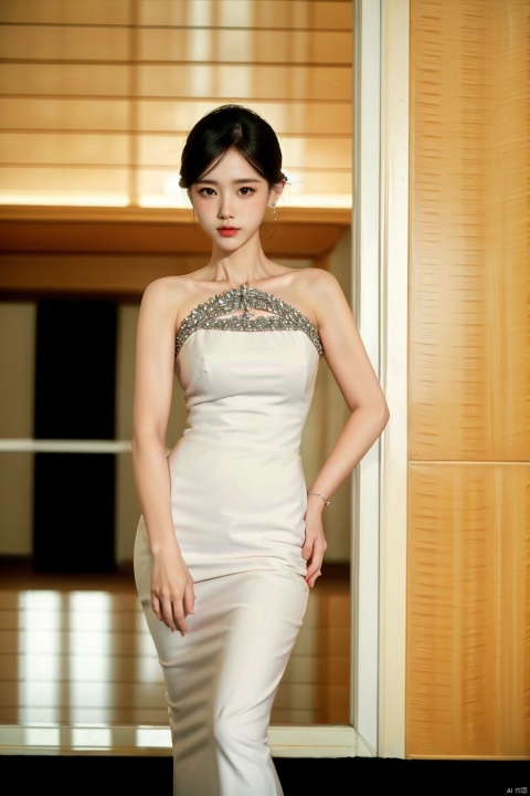  (Global lighting, realism, ray tracing, HDR, rendering, reasonable design, high detail, masterpiece, best quality, ultra-high definition, movie lighting), 1 girl, looking at the audience, Chinese long dress (qipao), qipao pattern is Van Gogh's starry sky, headwear, necklace, earrings, crystals, jewelry, playful posture, smile, plump body, slender legs, young girl's body proportion, depth of field, blurred background, Chinese architectural interior (local), Chinese style, (high quality), best quality, (masterpiece), blurry background, rich colors, fine details, surrealism, 50mm lens, relaxed atmosphere. Portrait photography, 35mm film, naturally blurry, Ancient China_Indoor scenes, ((poakl)), , fangao