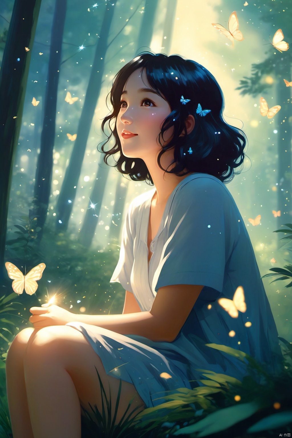 (masterpiece), manga style, soft lights, ethereal, magical looking, a candid looking woman with soft curly black hair, brown eyes, forest, fairytale, full body, tiny butterflies, illustration, magical, light particles, fireflies, art by Mschiffer merged with Makoto Shinkai, cute smile