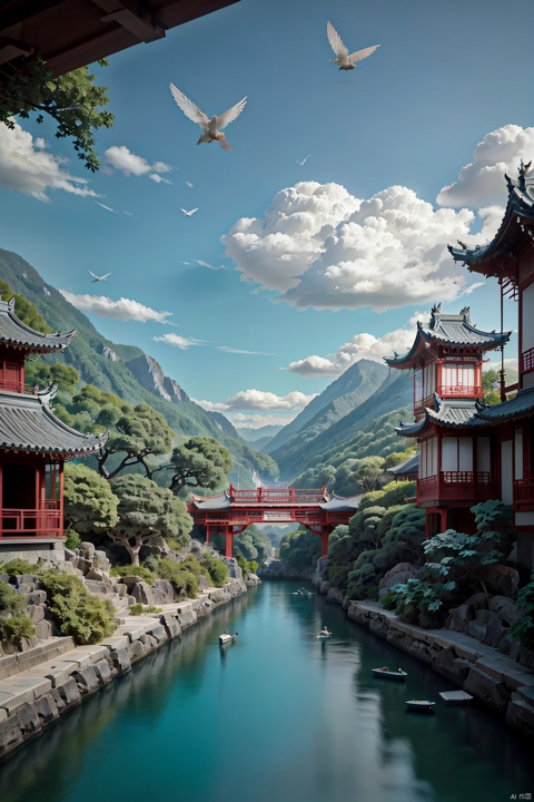  masterpiece, best quality,ZH_style, architecture, east asian architecture, tree, boat, watercraft, scenery, bird, mountain, water, cloud, building, no humans, aqua theme, outdoors, bridge, island