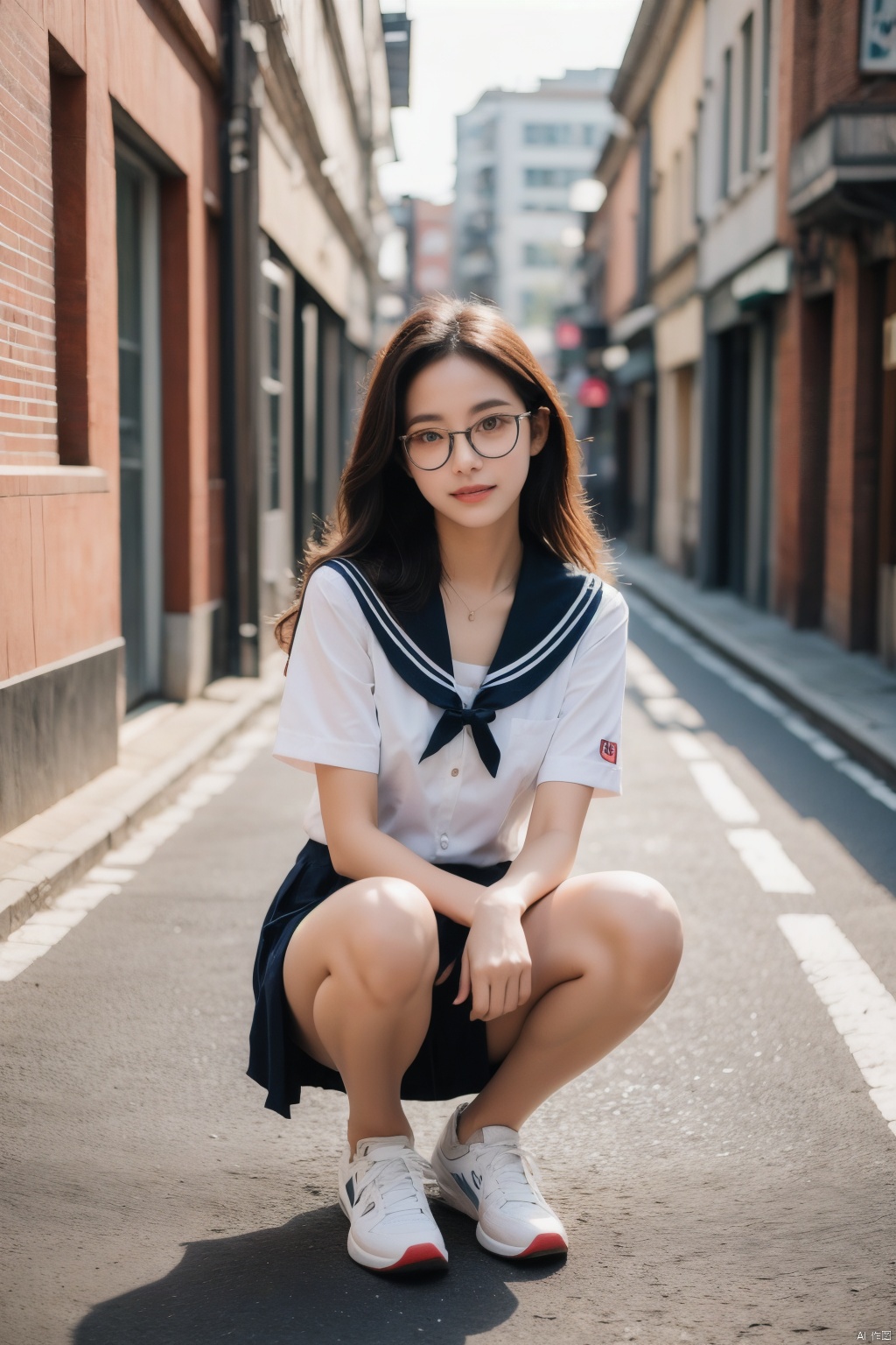 Enhancement, masterpiece, 16K, sunset glow, JK, 1 girl, 20 years old, height 170cm, small chest, slender legs, glasses, long hair, school uniform, dress, sports shoes, squatting on the side, background pedestrian street, focus on the girl