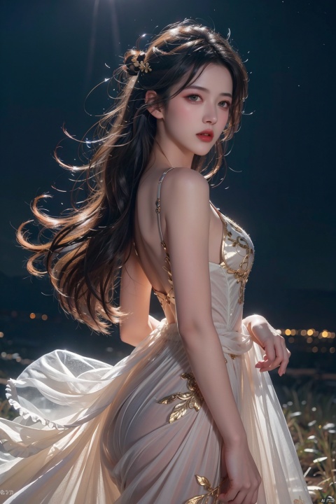  (extremely detailed CG unity 8k wallpaper, masterpiece, best quality, ultra-detailed), best illustration, an extremely delicate and beautiful, high resolution, dynamic angle, dynamic pose, (1girl), dark skin, black hair, yellow eyes, golden accessories, magical girl outfit, moonlit night, glowing stars, mystical background., ruhua