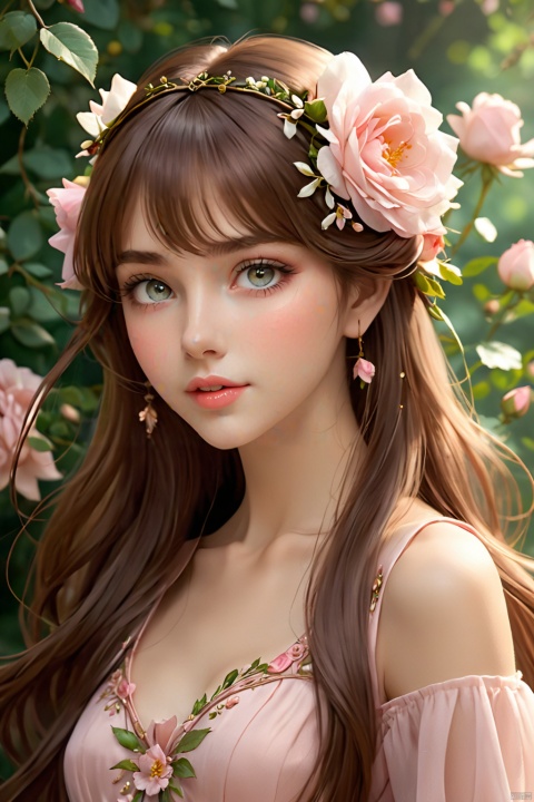 Radiantly exquisitely, delicately, and ethereally beautiful thin young fantasy sylph with side-swept hair bangs, very long full brown colored hair with slight curls, narrow waist, long narrow torso, thin and slender body, insanely realistic and detailed and hyperrealistic vivid eyes, warm and bright skin, gracefully adorned by flowers, soft and gentle face, dusky rose cheeks, five fingers on each hand, two hands