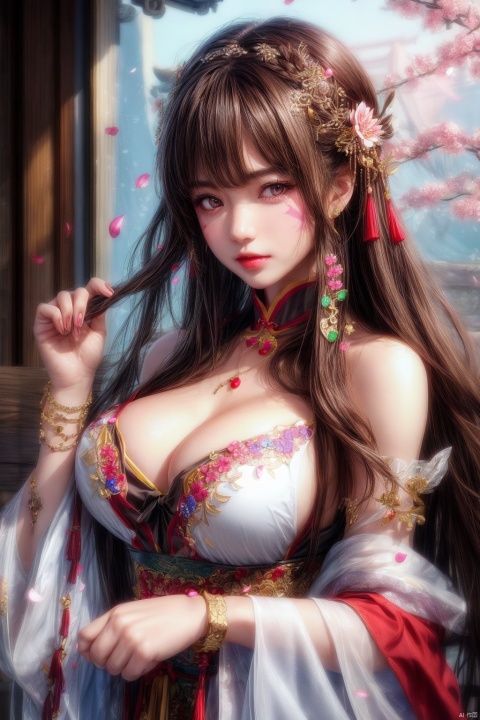 1girl,brown hair,hair ornament,upper body,solo,long hair,petals,breasts,facial mark,bare shoulders,dress,jewelry,bracelet,large breasts,looking at viewer,cleavage,brown eyes,holding,chinese clothes,