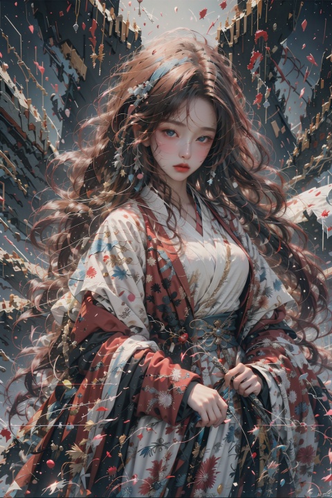  1 girl standing in the air, not looking at the camera, writing calligraphy, solo, blue eyes, holding, glow, robot, mecha, science fiction, open_ Hand, movie lighting, strong contrast, high level of detail, best quality, masterpiece, spirit, crystal_ Dress, crystal, with white, blue, and silver as the main color tones. Kimono, Hanfu, clouds, shattered mirrors, scattered fragments, Eastern magic formation, Eastern runes, Eastern calligraphy, and ink wash scattering effects