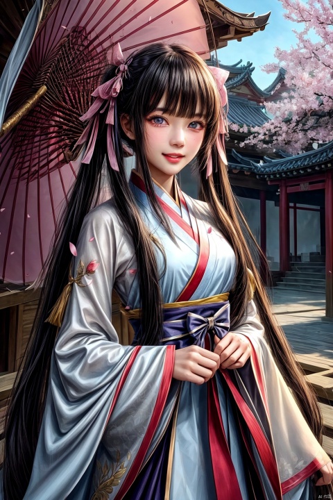 best quality, masterpiece, highres, detailed face, detailed eyes,ultra details, (cowboy shot:1.2), facing viewer, outdoors, chinese architecture, peach tree, falling petals,1girl, suqingli, solo, black hair, long hair, low twintails, blunt bangs, parted lips, smile,hanfu, hair ribbon, grey wide sleeves, gauntlets, purple bow,