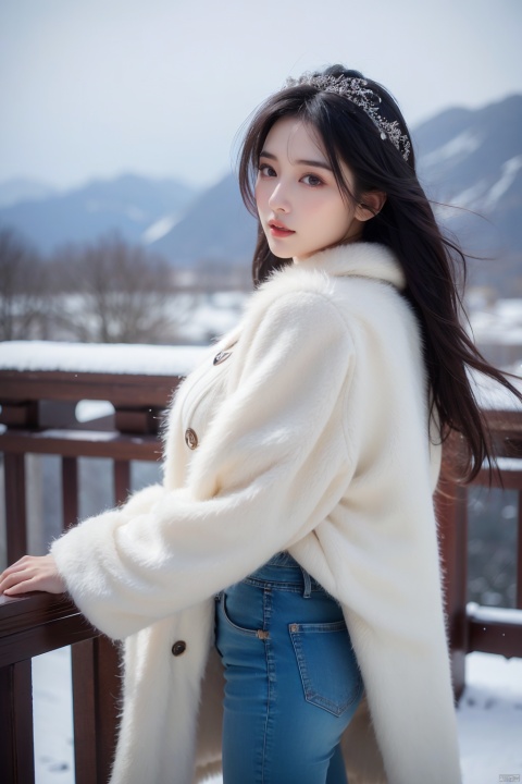  Winters,Snowy landscape,((voluminous coat、Skinny Jeans))、depth of fields,Real Light,Ray traching,OC Renderer,UE5 Renderer,Hyper-realistic,best qualtiy,8K,Works of masters,super-fine,Detailed pubic hair,Correct anatomy、(Best Quality, 4K, masutepiece: 1.3), Beautuful Women、Hyper-realistic, 1girlin,hyperdetailedface,Detailedeyes,二重まぶた, (Beautiful detailed lips),Sexy face,Women of Alafe,25-years old、large breasts